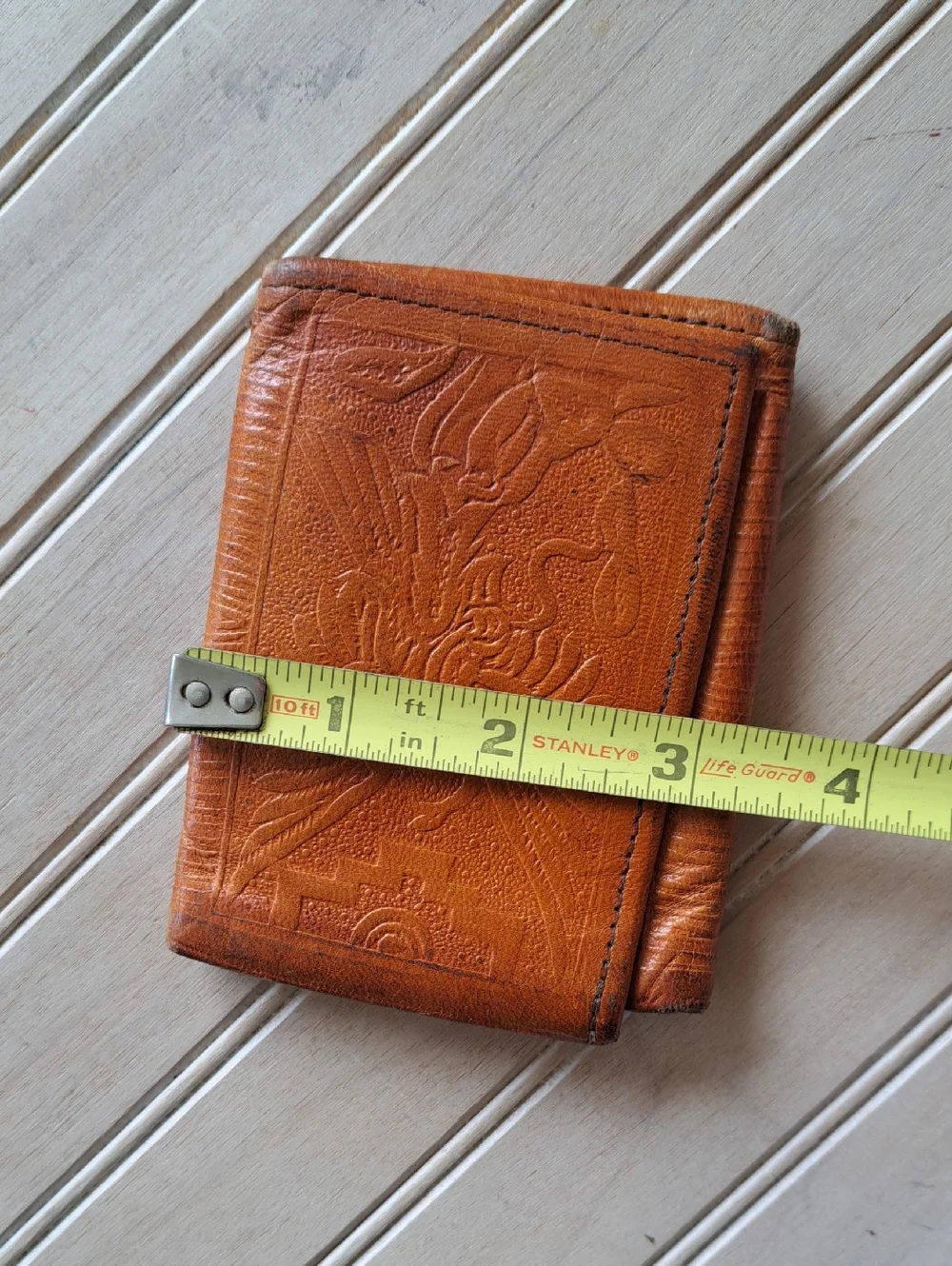 Vintage Handmade Mexican Tooled Leather Trifold Wallet Aztec Mayan Eagle Boho